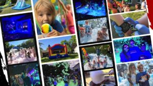 Collage showcasing Sammy's Party On Wheels and Sandromeda Music Services event offerings, including foam parties, bounce houses, water slides, snow cones, cotton candy, airbrush tattoos, inflatable snow globe, and glow party experiences for unforgettable celebrations.