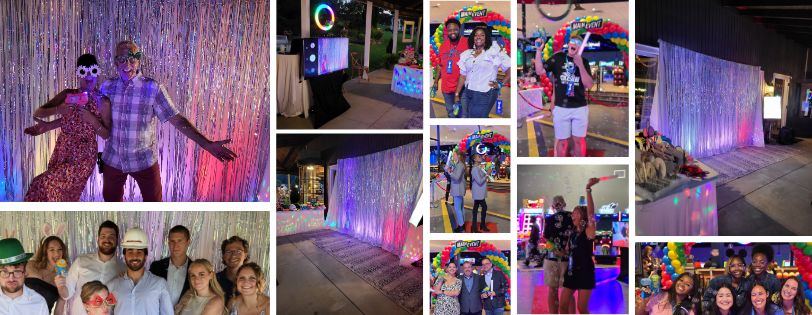 Full Service Wedding DJs photo booth with fun props and vibrant lighting at a wedding reception.