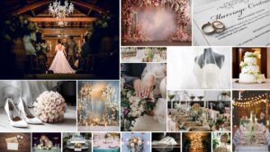 A collection of wedding day visuals, featuring a ceremony, floral arrangements, decor, wedding dress, rings, and reception setups.