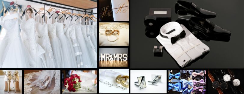 A selection of elegant wedding dresses and tuxedoes and wedding wear.