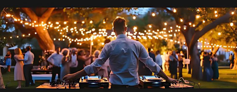 Planning a Backyard Wedding? Here’s How to Create the Perfect Vibe 6 backyard wedding dj. DJ performing at an outdoor wedding with string lights and dancing guests