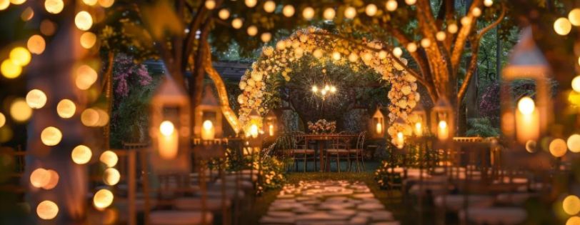 Planning a Backyard Wedding? Here’s How to Create the Perfect Vibe 7 backyard wedding dj. Glowing wedding ceremony aisle with floral arch and lantern lights