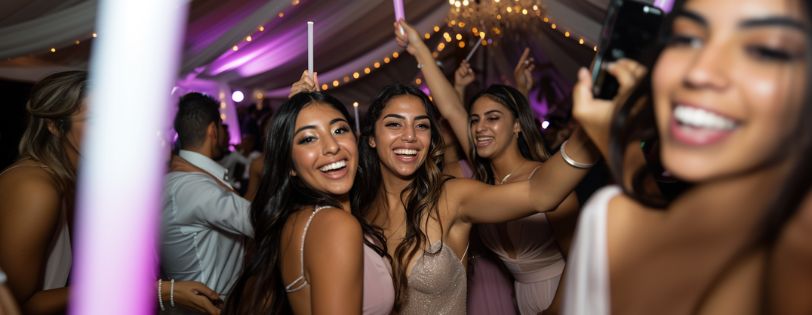 Guests dancing with glow sticks under private party DJ lighting