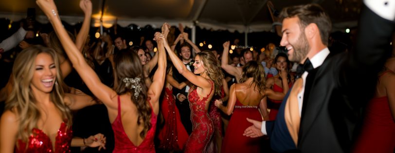 Michigan DJ setup with colorful lighting and guests dancing – DJ hiring tips for weddings. Title Text: