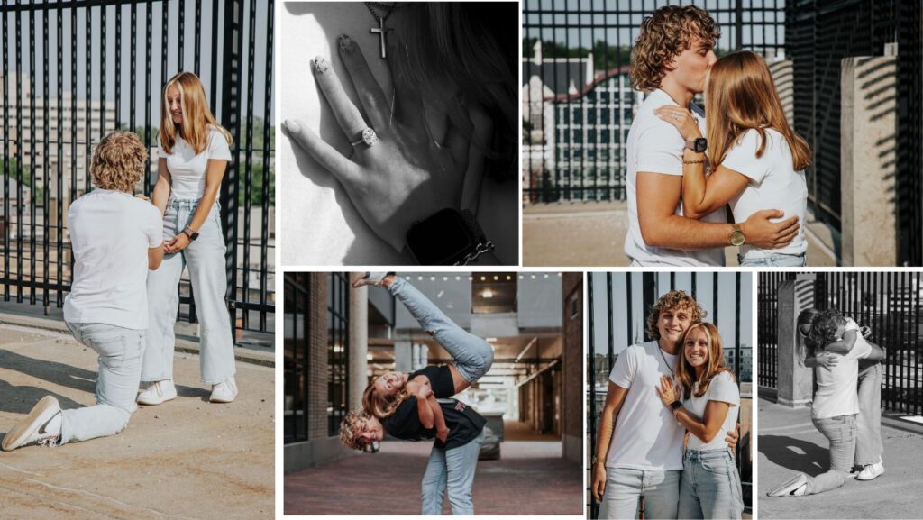 Newly engaged couple celebrating a surprise proposal with a ring and joyful embrace in an urban setting