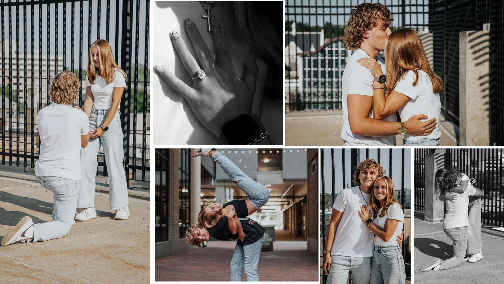 Newly engaged couple celebrating a surprise proposal with a ring and joyful embrace in an urban setting